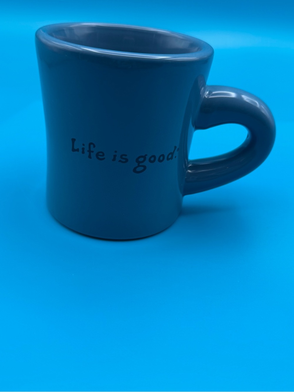 Good Home Life Is Good Dusty Blue Ceramic Mug with 'Life is good.' Script